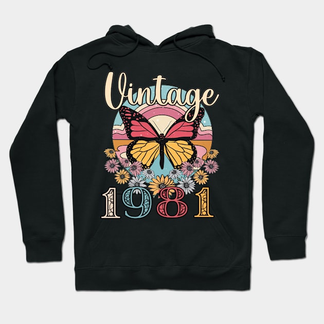 Floral Butterfly Retro Vintage 1981 42nd Birthday Hoodie by Vladis